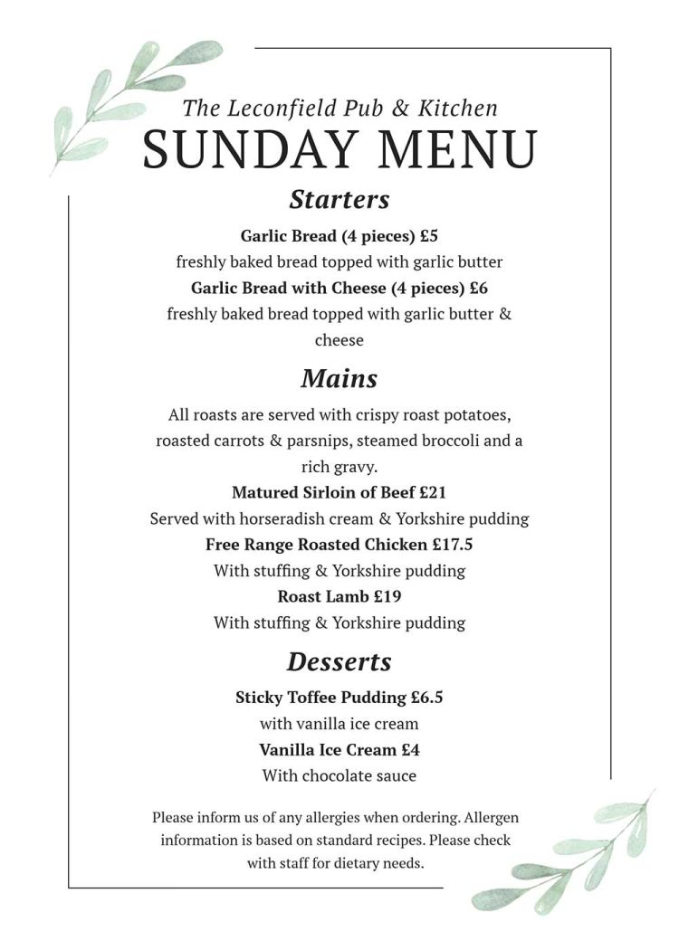 The Leconfield Pub & Kitchen - Sunday Roasts Menu